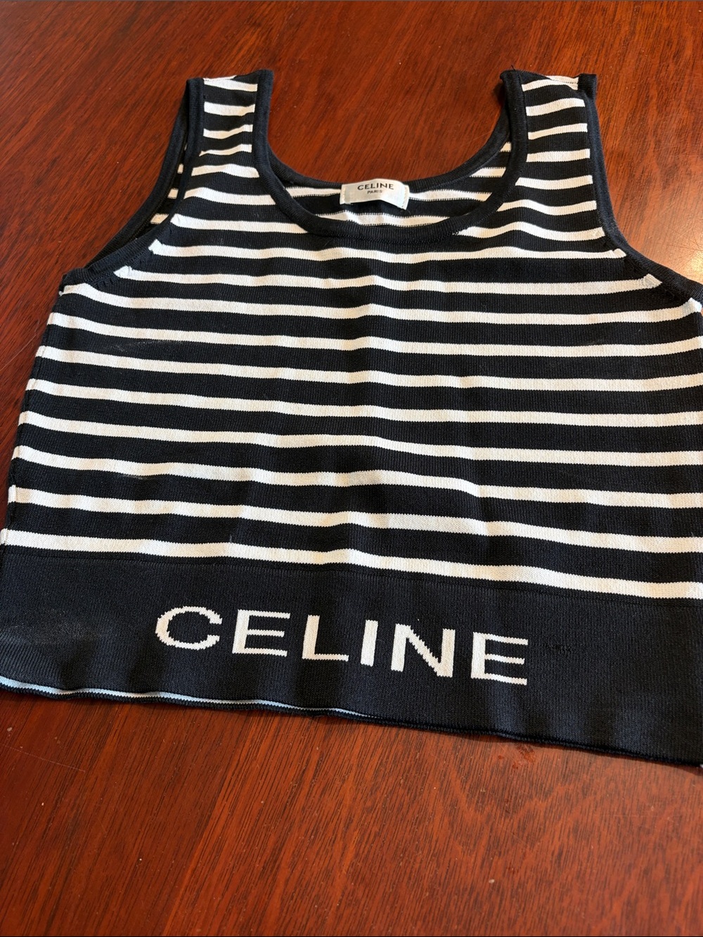 Celine Black & White Striped Knit Tank with Logo Hem - Picture 2 of 3